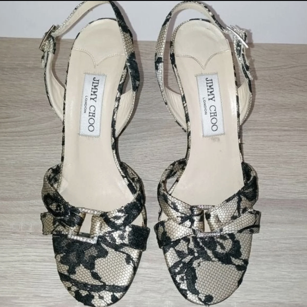 Jimmy Choo Lace Black & Champagne Lace Heel Size 37.5 Sling Back Like New